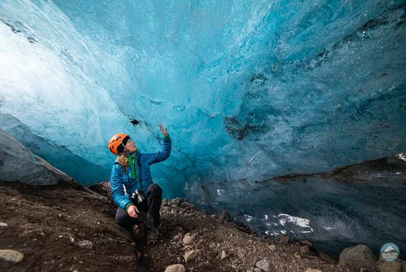 into the glacier ice cave