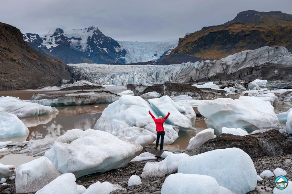 Woman posing on Solheimajokull Glacier